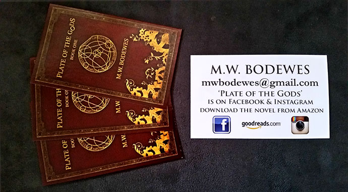 Business cards replicating MW Bodewes Plate of the Gods - contact details on the back