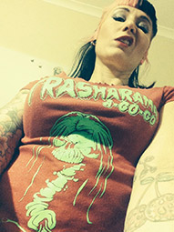 Luella Deville Fury modelling Spinegrrl Trasharama T-shirt Design.