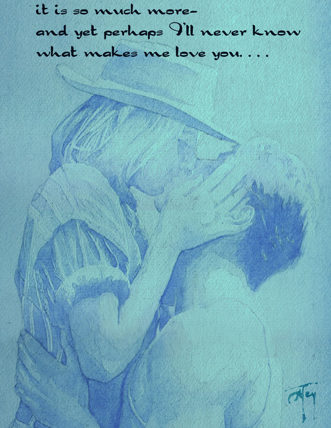 Romantic blue Watercolour of Couple embracing