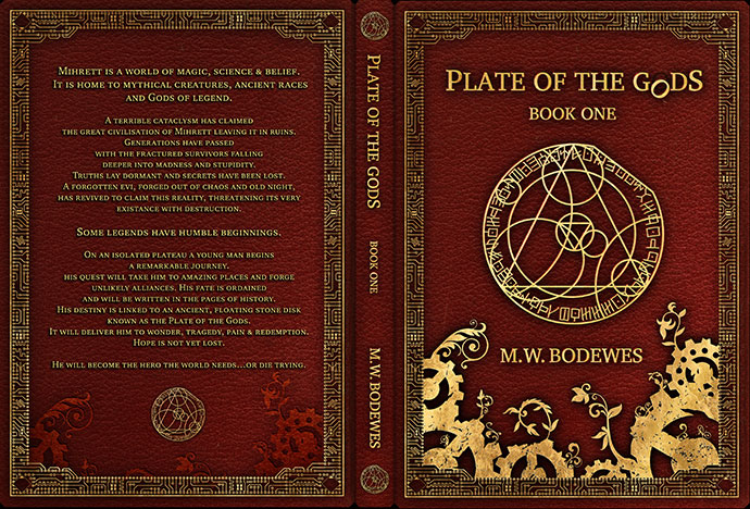 Dust jacket/wraparound artwork depicting a leatherbound rose gold embossed edition of book one of the Plate of the Gods Trilogy 