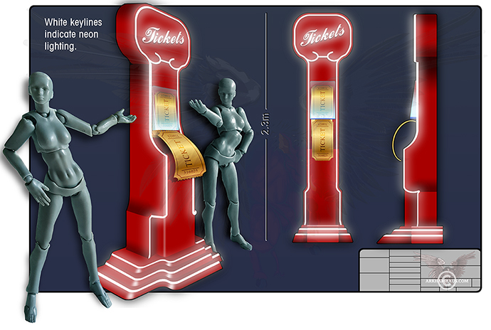  Proto-artwork or concept desgns illustrated in Front, Side and Three Quarter View for a real world Ticket Booth 